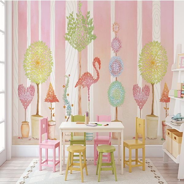 

bacaz original pink stripes ostrich trees 3d cartoon wallpaper for girls room kindergarten 3d cartoon stickers wall paper