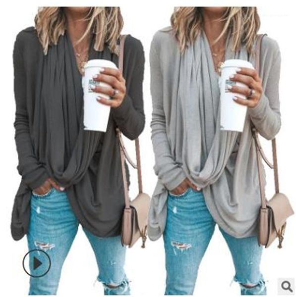 

sleeve casual plus size female clothing autumn womens designer tshirt solid color irregular stacked neck long, White