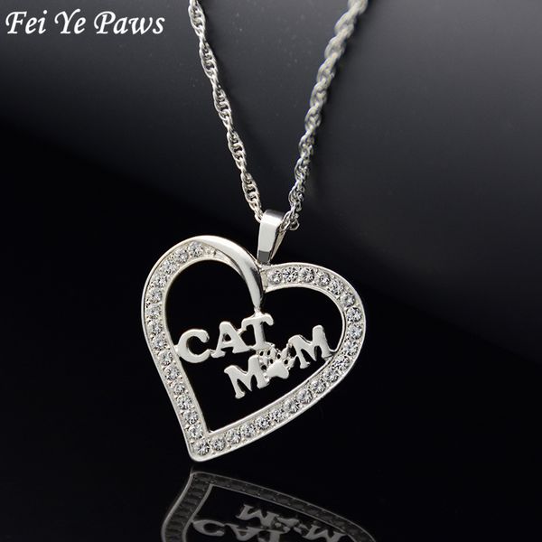 

pendant necklaces fei ye paws fashion silver color crystal zircon cat mom heart long chain women christmas gift