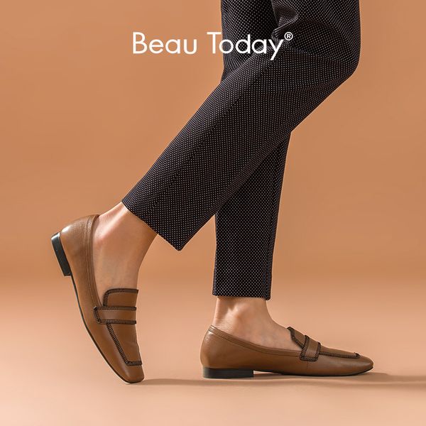 

beautoday casual loafers women genuine cow leather square toe slip-on spring sewing design spring lady flat shoes handmade 27234, Black