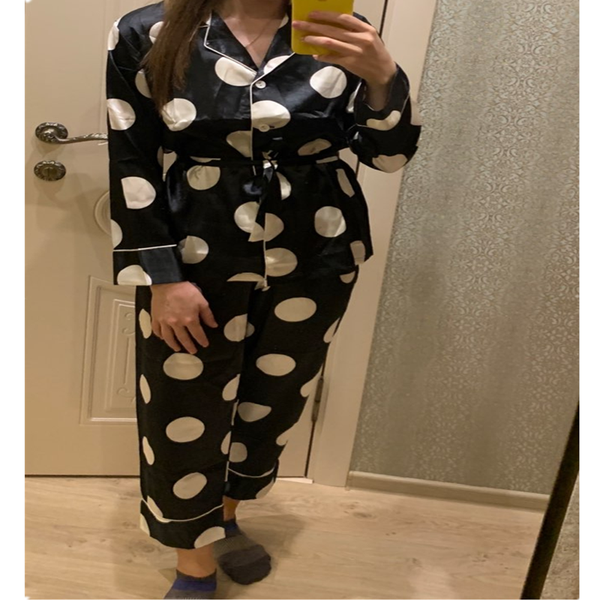 

silk pajamas set women print dot summer female pyjamas long shirt lingerie 2020 home sleepwear high quality, Black;red