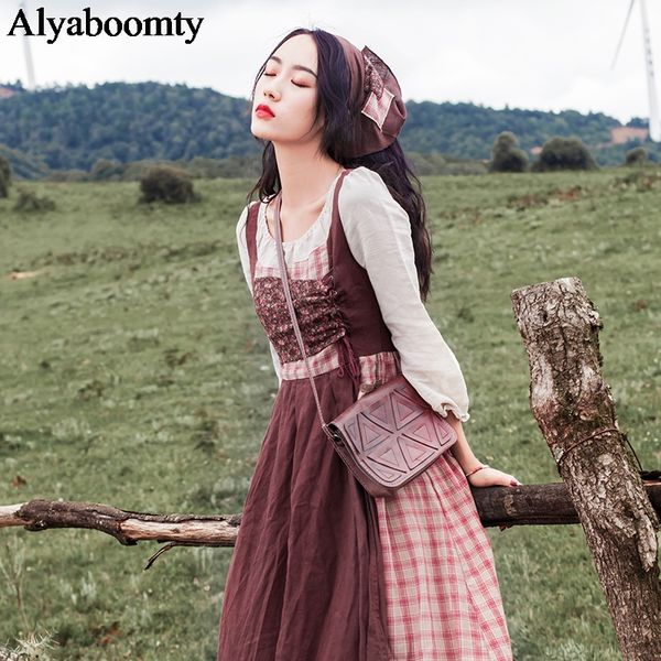 

casual dresses japanese mori girl autumn spring women long dress plaid floral bandage vestidos elegant vintage prairie chic cotton linen, Black;gray