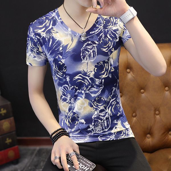 

korean ice silk men's short sleeve t-shirt, figure-flattering v-neck, half-cut sleeve, summer tide, t-shirt suit. kg-95, White;black