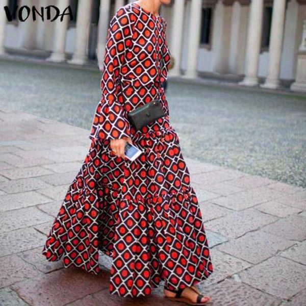 

vonda womens 2020 autumn casual loose o neck flare sleeve bohemian party vestidos maxi long ruffle hem dress ladies office dress, Black;gray