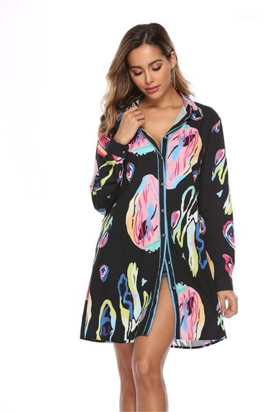

shirt dress fashion long sleeve colorful shirt dress luxury casual ladies short dress designer print womens, Black;gray