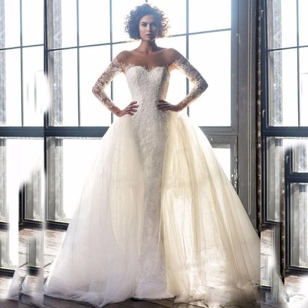 

elegant mermaid wedding dresses with detachable train lace appliqued gorgeous bridal gowns long sleeves chapel custom made vestidos de novia, White