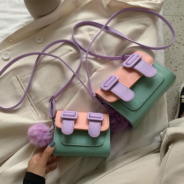 

contrast color mini pu leather crossbody bags for women 2020 new summer shoulder handbags female cross body bag with hair ball