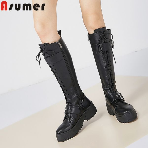 

asumer fashion knee high boots round toe pu+genuine leather boots ladies zip flat platform autumn winter motorcycles women, Black