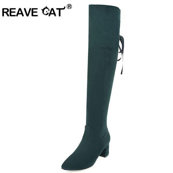 

reave cat knee boots back knot zipper women boots middle heels pointed toe flock fashion autumn winter solid plus size a112, Black