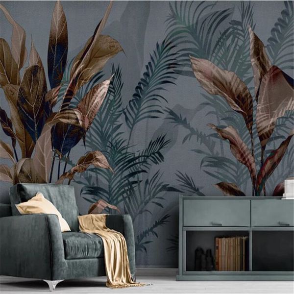 Milofi grande papel de parede mural moderno parede de fundo minimalista abstrato retro pintados à mão tropical planta floresta
