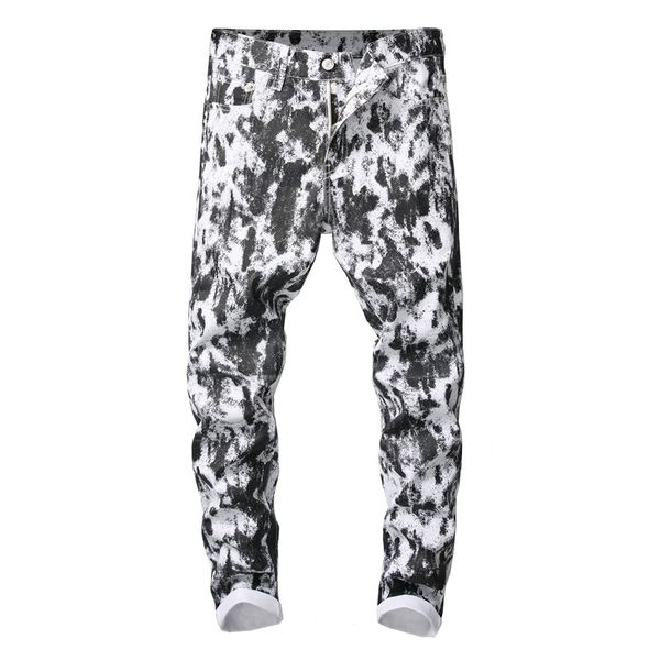 

men's jeans sokotoo black spots printed white fashion slim fit stretch cotton denim pants, Blue