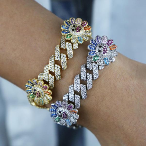 

bling micro pave cz rainbow colorful smile flower charm bracelet iced out 12mm cuban link chain for women fashion, Black