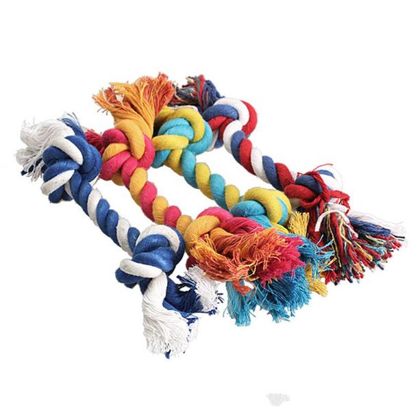 

2020 pets dog cotton chews knot toys colorful durable braided bone rope 18cm funny dog cat toys