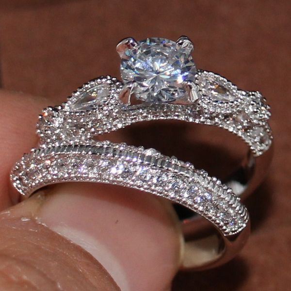 

couple rings vintage fashion jewelry 925 sterling silver filled round shape 5a zirconia women bridal ring set gift, Golden;silver
