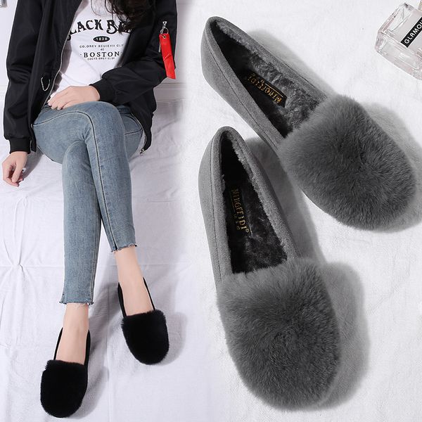 

winter 2020 shoes woman flats fluffy fur faux suede leather warm loafers soft sole roll egg peas ballet flat mother shoes, Black