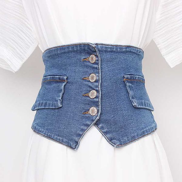 

2020 brand style washed denim wide waist belt vintage buttons adjustable slim corset jean fabric shirt dress elastic strech belt, Black;brown