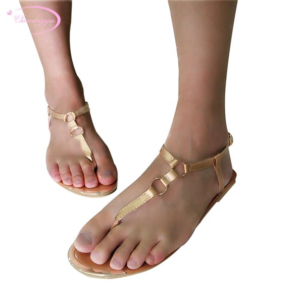 

street casual style summer zoris sandals fashion beading chain belt buckle white gold black flat with women's shoes big size