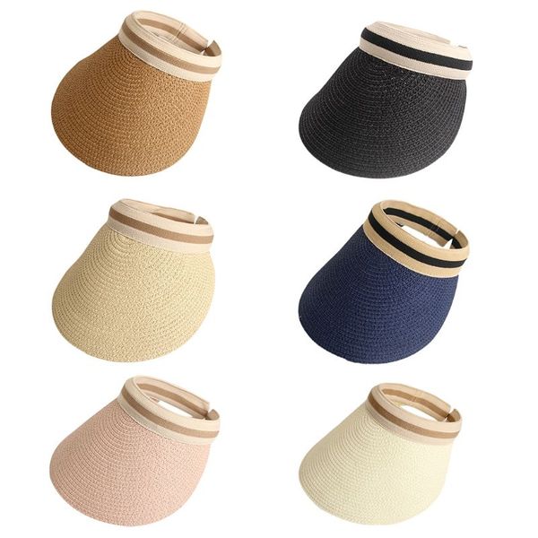 

kids summer straw weave sun protection beach hat empty contrast color stripe family large wide brim clip-on peaked cap, Blue;gray