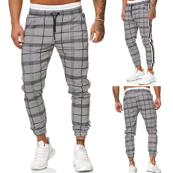 

fashion sweatpants european men's ribbon splicing plaid drawstring casual leggings harem pants men sports pants joggers, Black