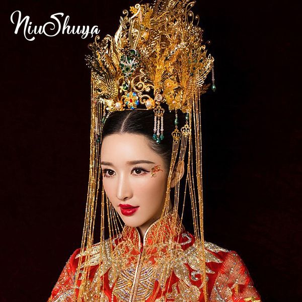 

niushuya exaggerated gorgeous gold chinese style bridal wedding crown long tassel queen stage headdress bride jewelry phoenix, Golden;silver