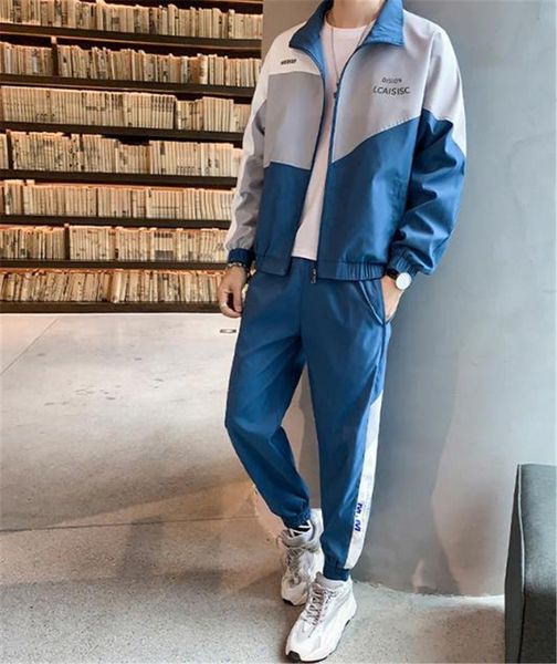 

sports mens tracksuits long sleeve cardigan loose men 2pcs sets casual patchwork color fitness homme tracksuits, Gray