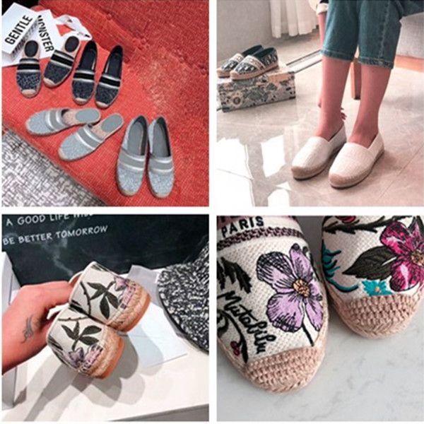 

new style 2020 famous designer womens flower espadrille letter printing canvas esapdrilles loafers girl lady flats casual thick sole shoes, Black