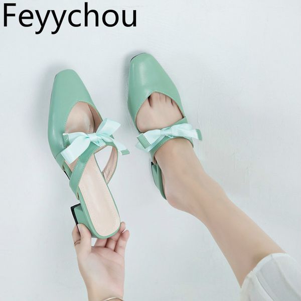 

women pumps mules shoes med heel pu slip on square toe butterfly-knot 2020 spring autumn new fashion casual white beige, Black
