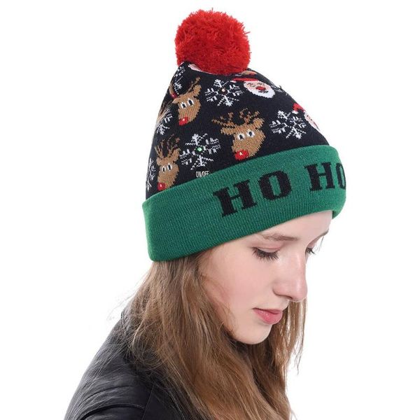 

women men christmas pompom moose snow embroidery hat female knit beanie led light skullies cap lady outdoor winter warm bonnet, Blue;gray