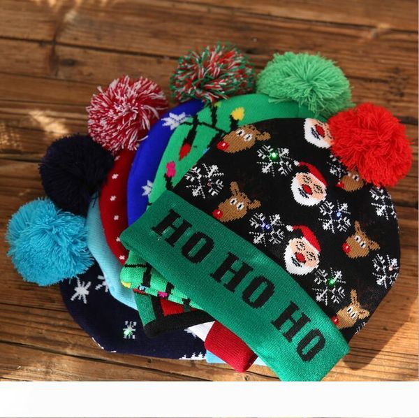 

dhl led christmas hats knitted pom pom light xmas beanies crochet winter hats deer elk gilrs skull cap christmas home decoration