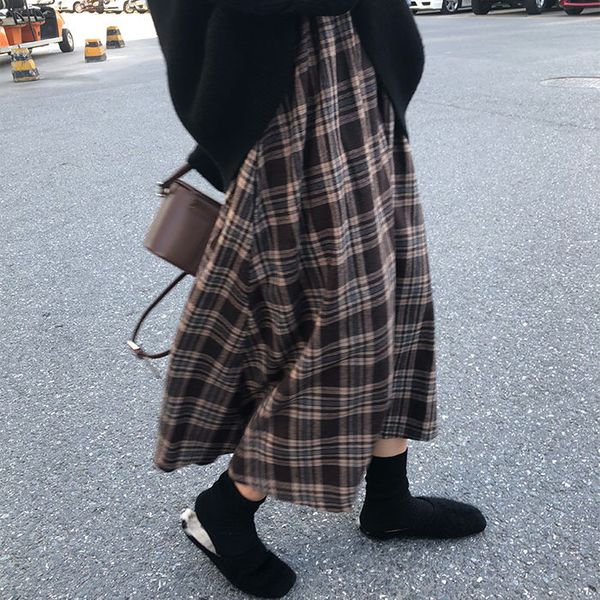 

herstory spring women loose plaid street skirts lady vintage a-line skirts female high waist long, Black