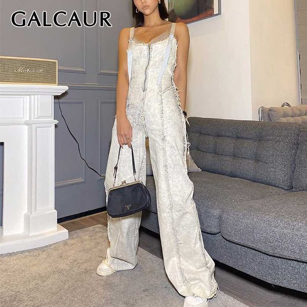 

galcaur women's jumpsuits square collar sling sleeveless high waist denim wide leg jumpsuit female 2020 casual fashion clothes, Black;white