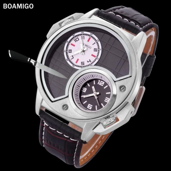 

boamigo watch men quartz strap dual time zone clock big watch brand sports relogio masculino, Slivery;brown