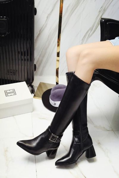 

big size 32-48 2020 winter fasion women solid buckle square high heels knee-high riding boots 2 colors, Black