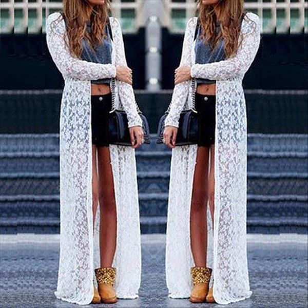 

womens clothing women ladies summer long sleeve beach lace cardigan blouse long drop shipping, White
