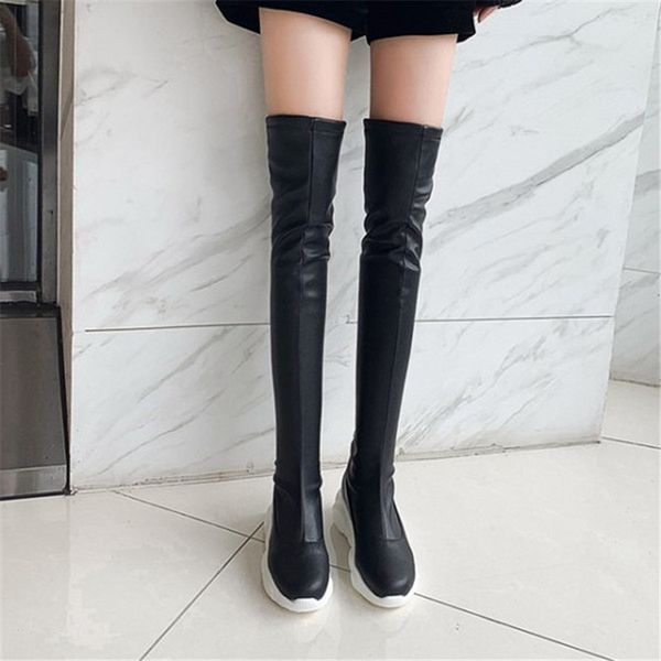 

pxelena winter stretch над коленом boots для женщин густой платформы soft slim fit теплый высокие сапоги женская обувь большой размер, Black