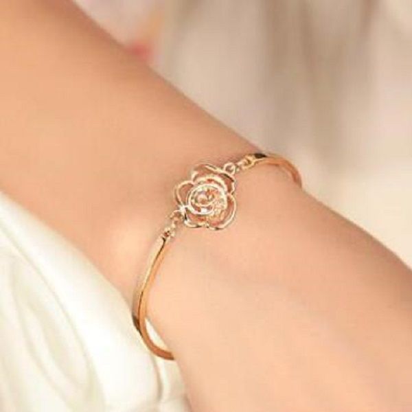 

new fashion flower rose bangle bracelet high-grade camellia gold zircon bracelet for women wedding jewelry party gift, Golden;silver