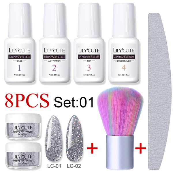 

lilycute 8pcs/set dipping nail glitter powder kits gradient french nail natural color pigment dry without lamp cure art set, Silver;gold