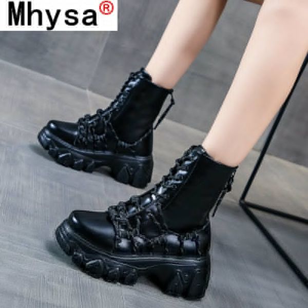 

2020 autumn winter new punk handsome mid-calf boots for woman patent cow leather thick bottom increased boots shoes woman, Black
