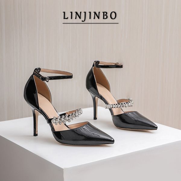 

luxury rhinestone one strap sandals women glossy pointed toe high heels women black pumps wedding party shoes