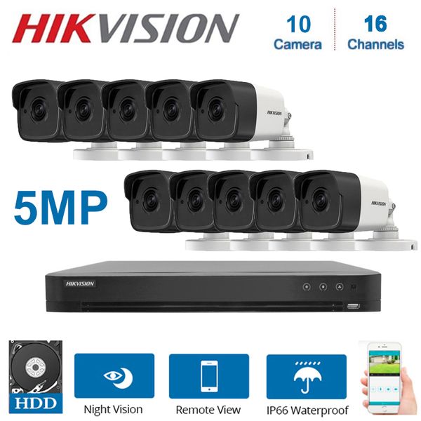 

systems hikvision 4k 16channels dvr hybrid video surveillance recorder with 10 pcs 5mp night vision waterproof security camera kit