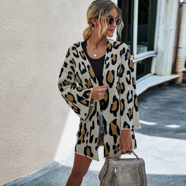 

autumn long sleeve casual knitted sweaters jacket women fashion flared sleeve leopard print cardigan outwear, White