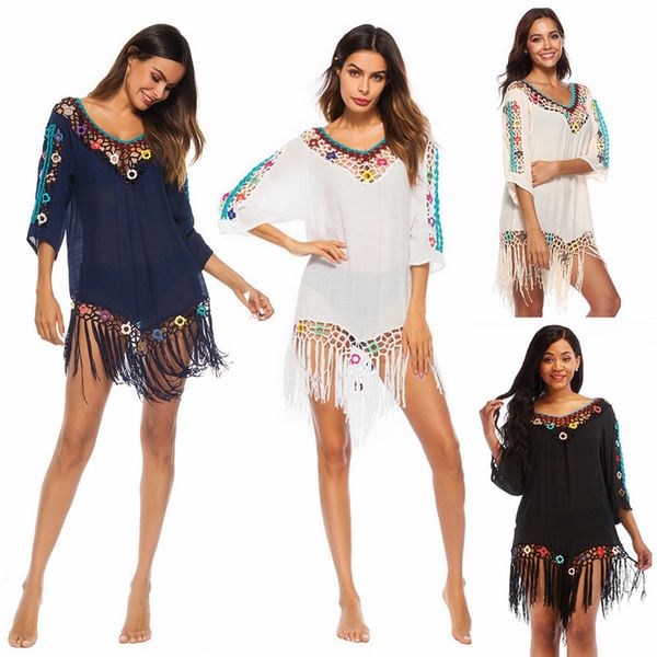 

tassel beach dress tunic white sleeve cover up v-neck wear black corchet cover ups boho cover-ups for women summer beachwear, White;black
