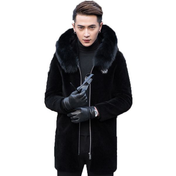 

men's leather & faux real sheep shearling fur coat winter jacket collar wool coats hooded jackets manteau mg-97-006 my1874, Black