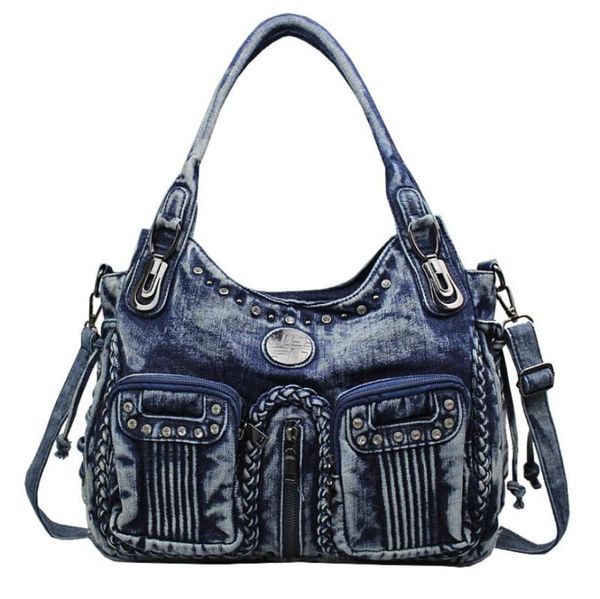 

luxury designer women bag 2020 fashionable rivets denim handbags female jeans shoulder bags weave design women tote bag hot