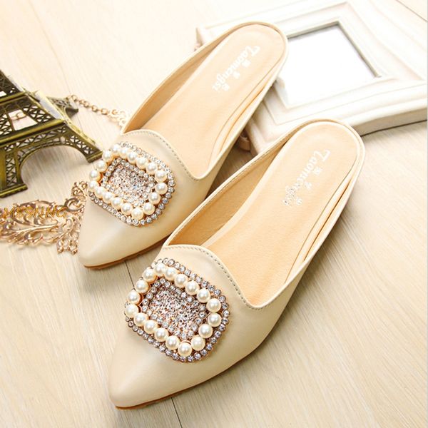 

summer new women flat string bead slippers pearl diamond pointed toe ladies slippers outdoor fashion solid women slides big size, Black