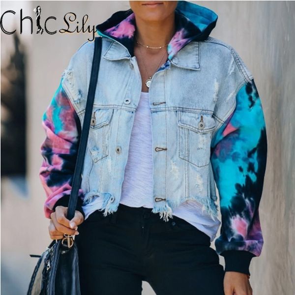 

tie-dye ripped tassel denim jackets streetwear jackets womens coats, Black;brown