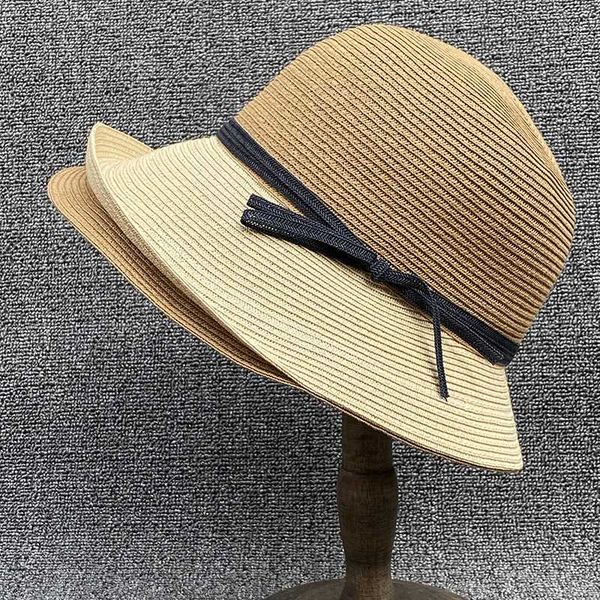 

double-brimmed sun hat summer ladies bow straw hats beach holiday outdoors stitching color female hat sombrero nz137, Blue;gray