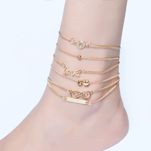 

6pcs ankle bracelet set boho jewelry bohemian gold chains infinity double heart love lock charm bracelets for women anklet foot, Golden;silver