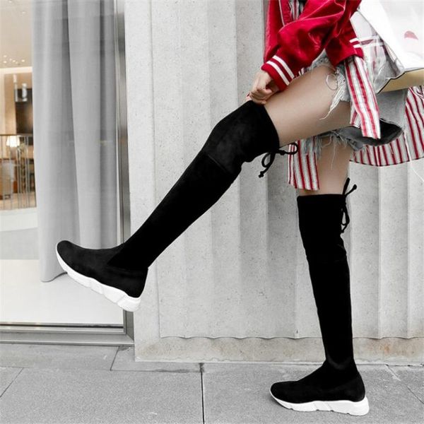 

boots nayiduyun thigh high women velvet wedges platform low heel over the knee riding booties slim leg punk long sneakers, Black