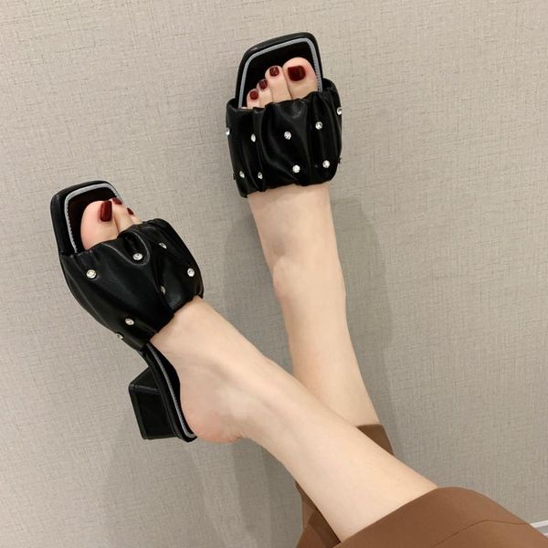 

cute wild trend simple young women wrinkled skin slippers fashion flats open toe summer slippers slides women casual shoes solid, Black